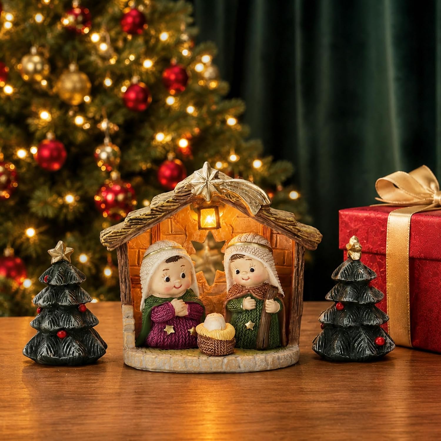 ALIMOTA Christmas Nativity Set with LED Lights, 13 Piece Nativity Scene Figurines with Baby Jesus Holy Family Manger, Resin Christmas Decorations Tabletop Decor for Home Mantel Shelf Religious