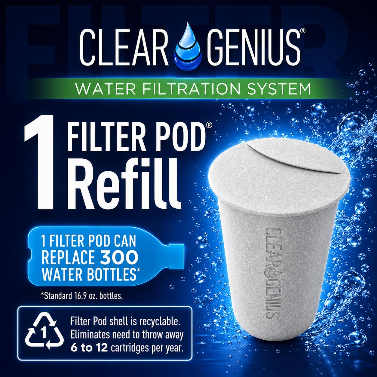 Clara Genius sistema de filtrado de agua jarra FWP-1, incluye reutilizable cartucho de filtro y filtro de recambio de Pod, claro, 6 tazas capacidad