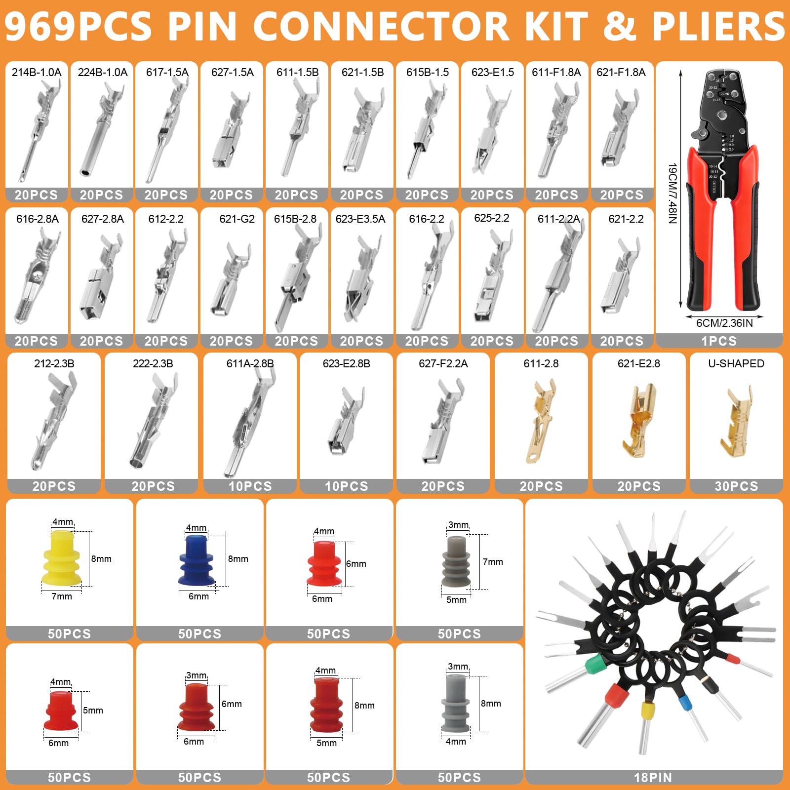 Kit de 988 conectores eléctricos automotrices, kit de 28 tipos de terminales eléctricos con herramienta de crimpado, removedor de fusibles de relé y herramienta de desmontaje de automóvil, terminales
