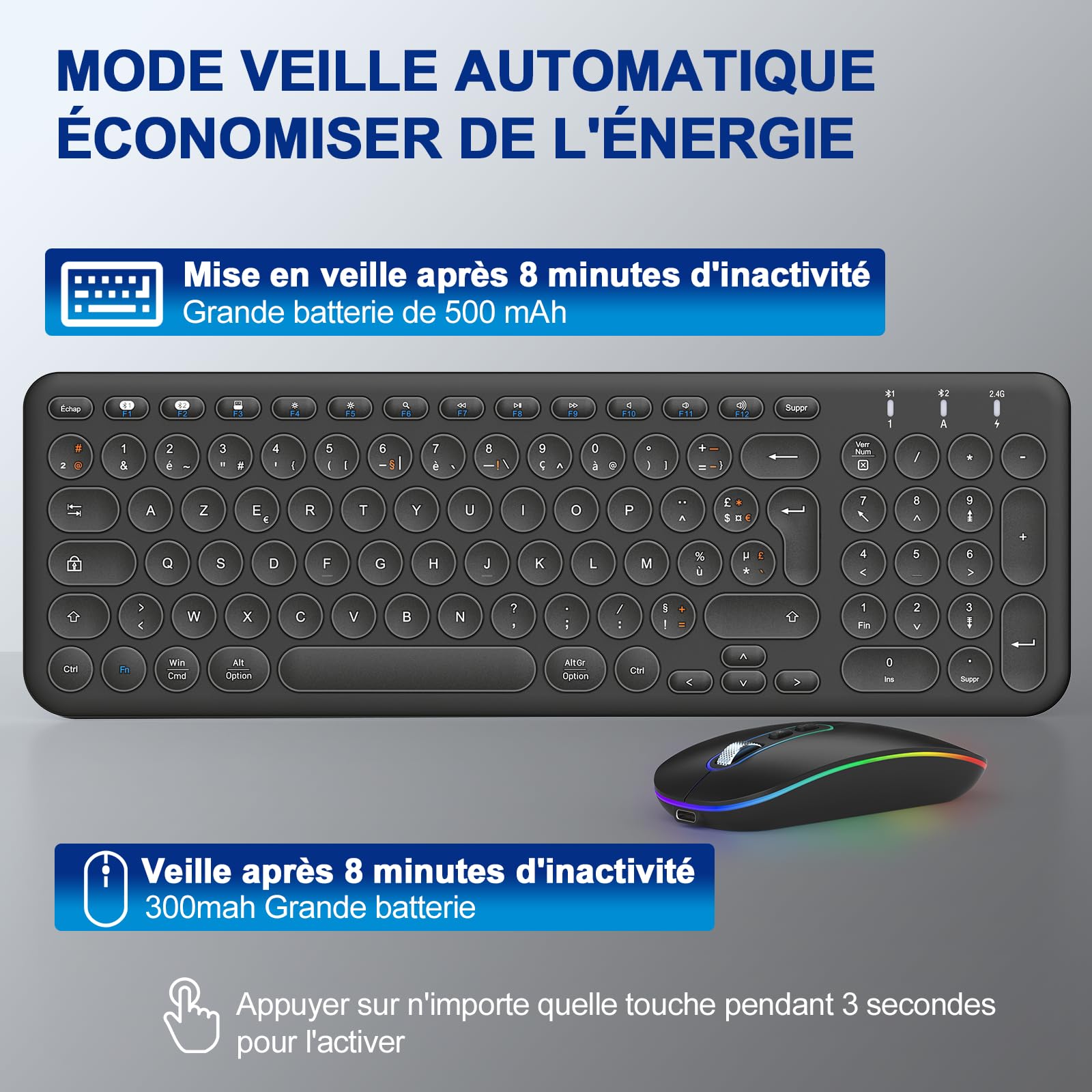 Cimetech Ensemble Clavier Souris sans Fil Rechargeable Multidispositifs (2,4 GHz+BT1+BT2), Combo Clavier Français et Souris avec Pavé Numérique pour Wins/Linux/MacOS - Noir