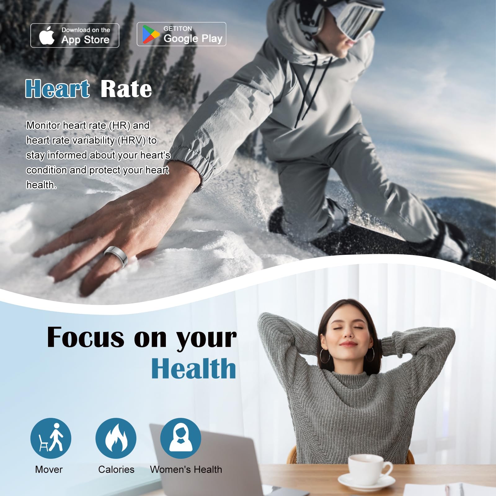 Anello intelligente per la salute per donne e uomini, fitness tracker con frequenza cardiaca, monitoraggio del sonno, ossigeno nel sangue, passi, impermeabilità IP68, durata della batteria fino