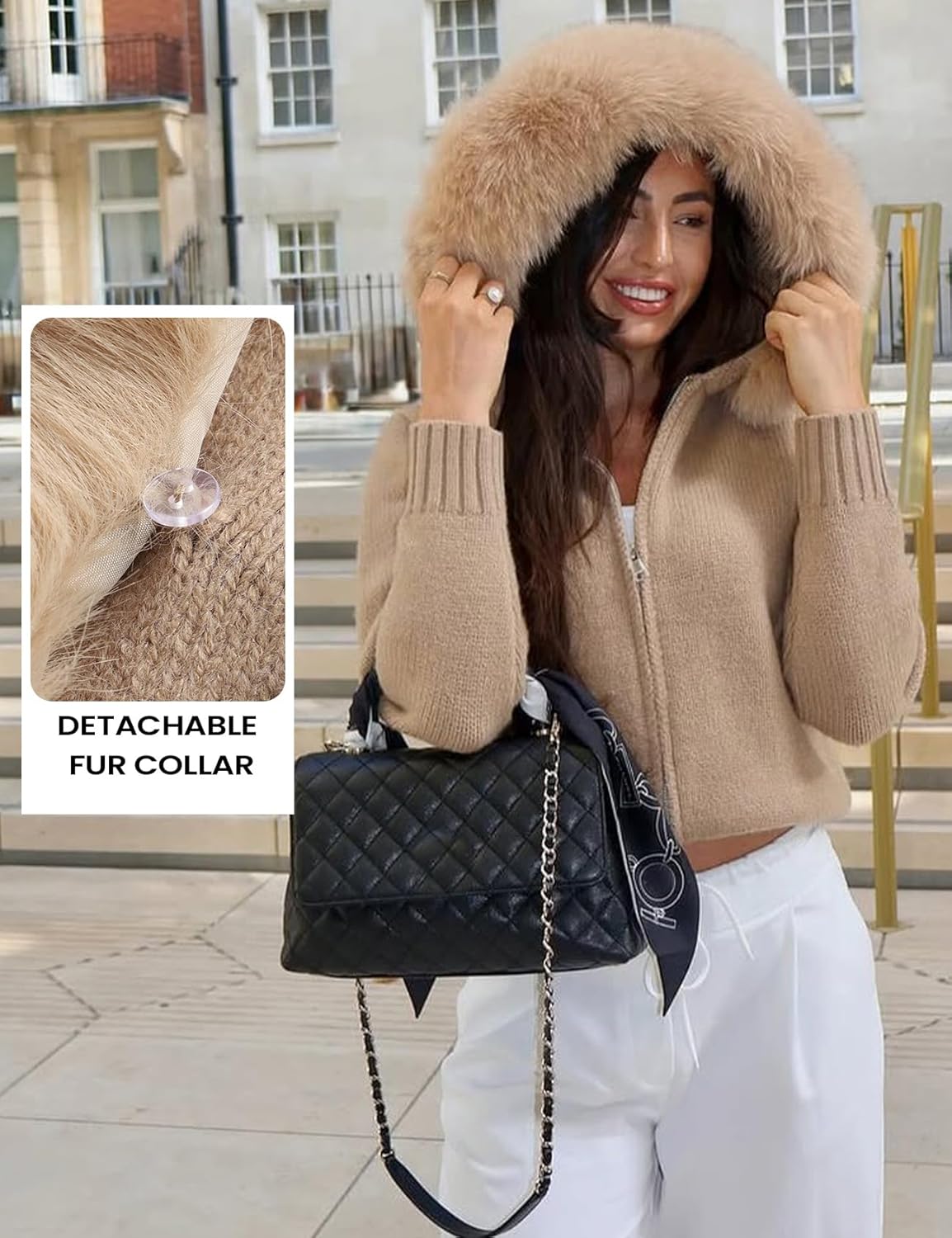 Yimoon Faux Fur Hooded Cardigan Sweaters for Women Open Front Zip Up Chunky Knit Cardigan with Fur Hood