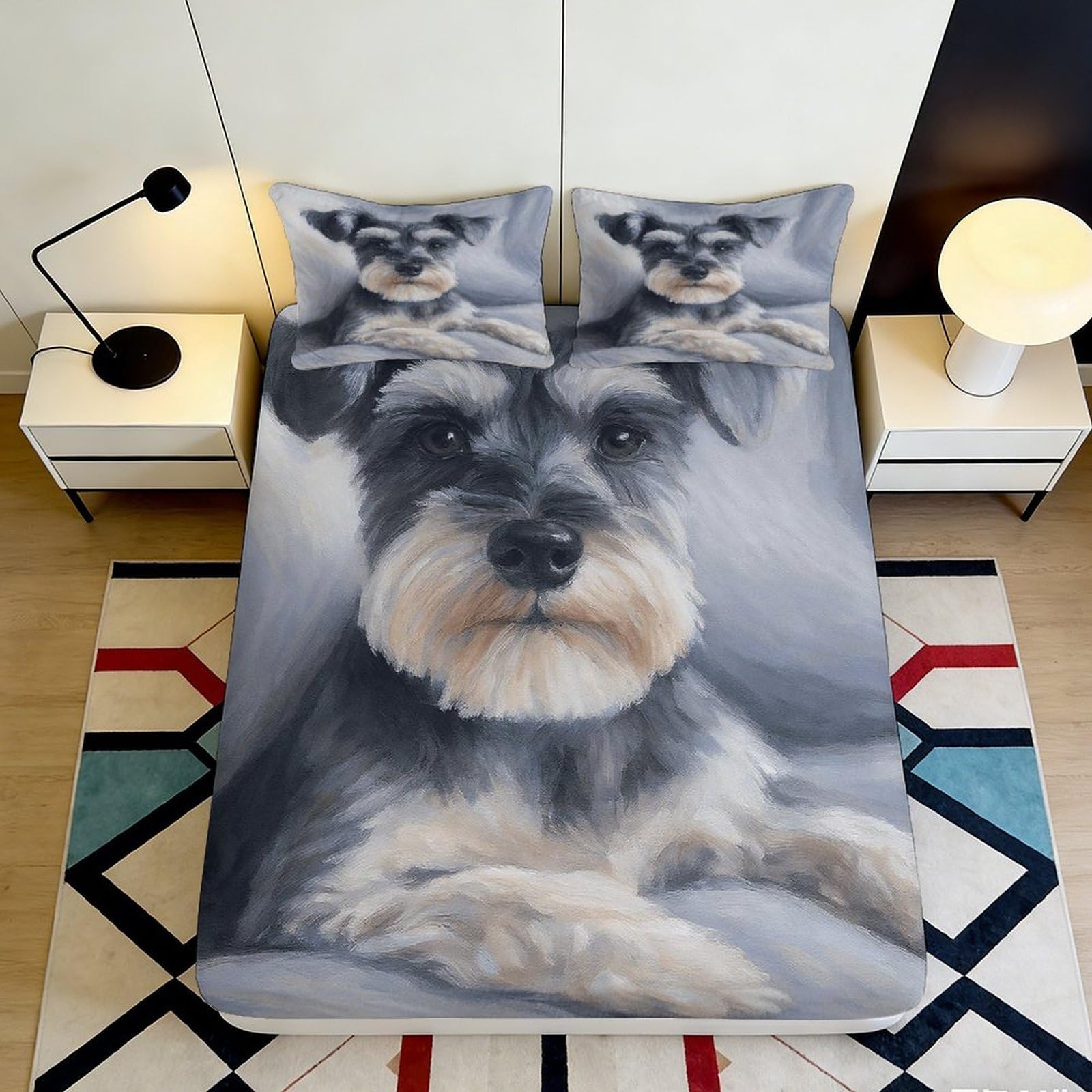 3D Printed Schnauzer Dog Fitted Sheet Microfiber Grey Bed Cover for Bedroom Mattress Protection Washable Decor 90x200x25cm