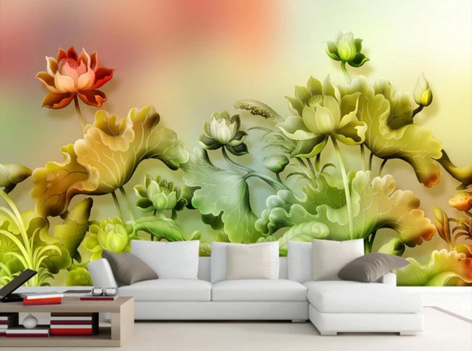 Papier peint panoramique lotus rose vert 330x245 cm pour mur de salon