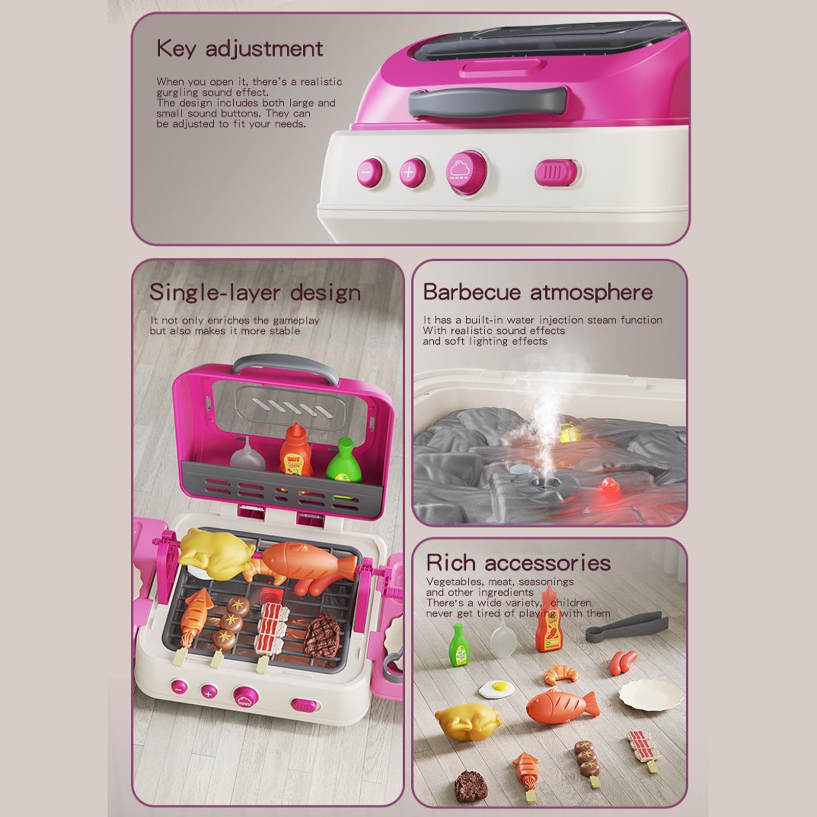 Set di barbecue per bambini, giocattolo pieghevole per barbecue, gioco di ruolo con luce sonora | Giocattolo da cucina interattivo con effetti nebbia per ragazze, feste di gioco indoor e outdoor e campeggio