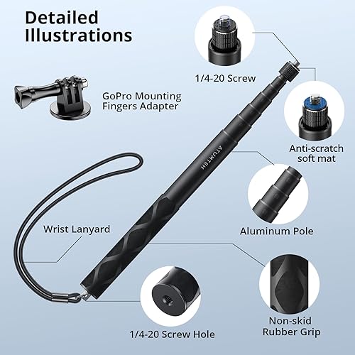 Miniatura 17 de ATUMTEK Palo selfie invisible de 45 pulgadas, poste monopie extendido de 1/4 pulgadas, diseño sólido y compacto para Insta360, para GoPro, DJI