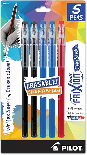 Pilot Frixion ColorSticks - Bolígrafos de tinta de gel que se puede borrar, de punta fina, 1/32 de pulgada, paquete de 5, 2 negros, 2 azules y 1 rojo