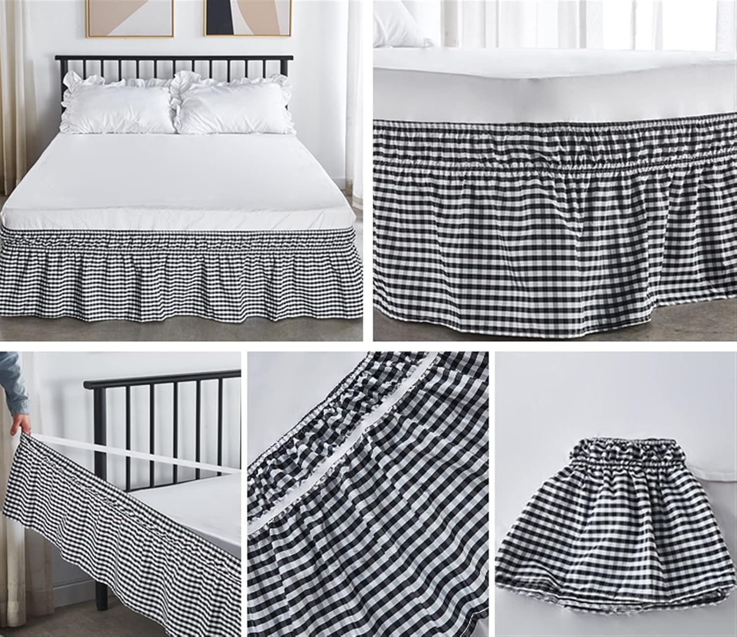 Liveinu Three Sides Wrap Around Ruffled Bed Skirt,15 Inch Drop Easy to Put On Bedskirt Elastic Dust Ruffle Bed Frame Cover for Twin, Queen,King and Full Size Beds Gingham Black Full