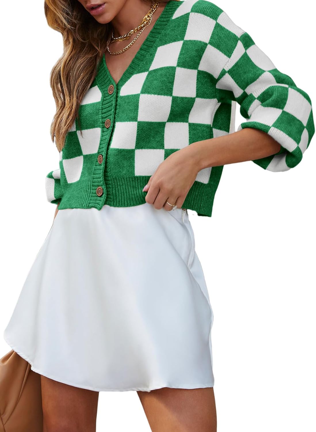 Dokotoo Womens Checkered V Neck Button Down Long Sleeve Cable Knit Cropped Cardigan Sweaters Tops