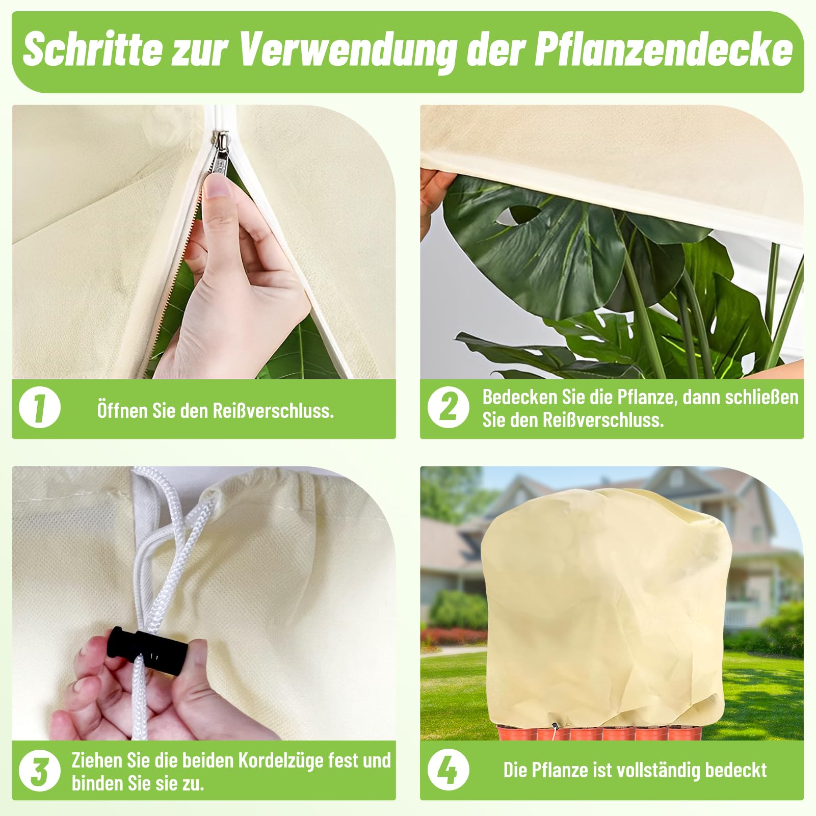 Protezione invernale per piante, 360 x 250 cm, 80 g/m², protezione invernale con coulisse, chiusura lampo, clip di fissaggio, protezione invernale da giardino, materiale spesso, lavabile,