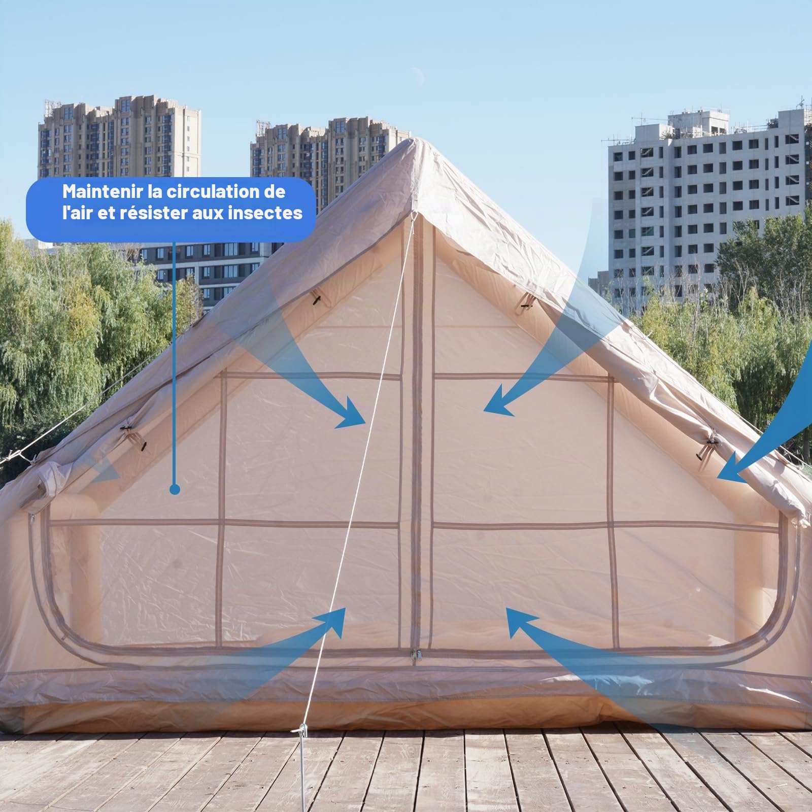 Tente gonflable pour camping avec pompe, tente de glamping d'air, installation facile, imperméable de 3 x 2,1 m, cabine Oxford pour 2 à 4 personnes avec fenêtre en maille.