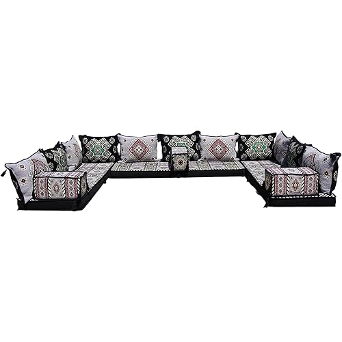 arabicsofa Handmade Gray U Shaped Arabic Sofa Set – Traditional Floor Seating – Oriental Boho Style Cushions