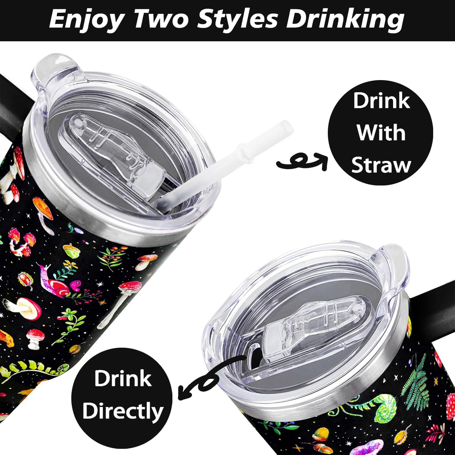 40 oz Mushroom Tumbler with Handle and Straw Lid Mushroom Themed Gifts for Women Mushroom Lovers Double Insulated Cup Travel Coffee Mug - Image 5