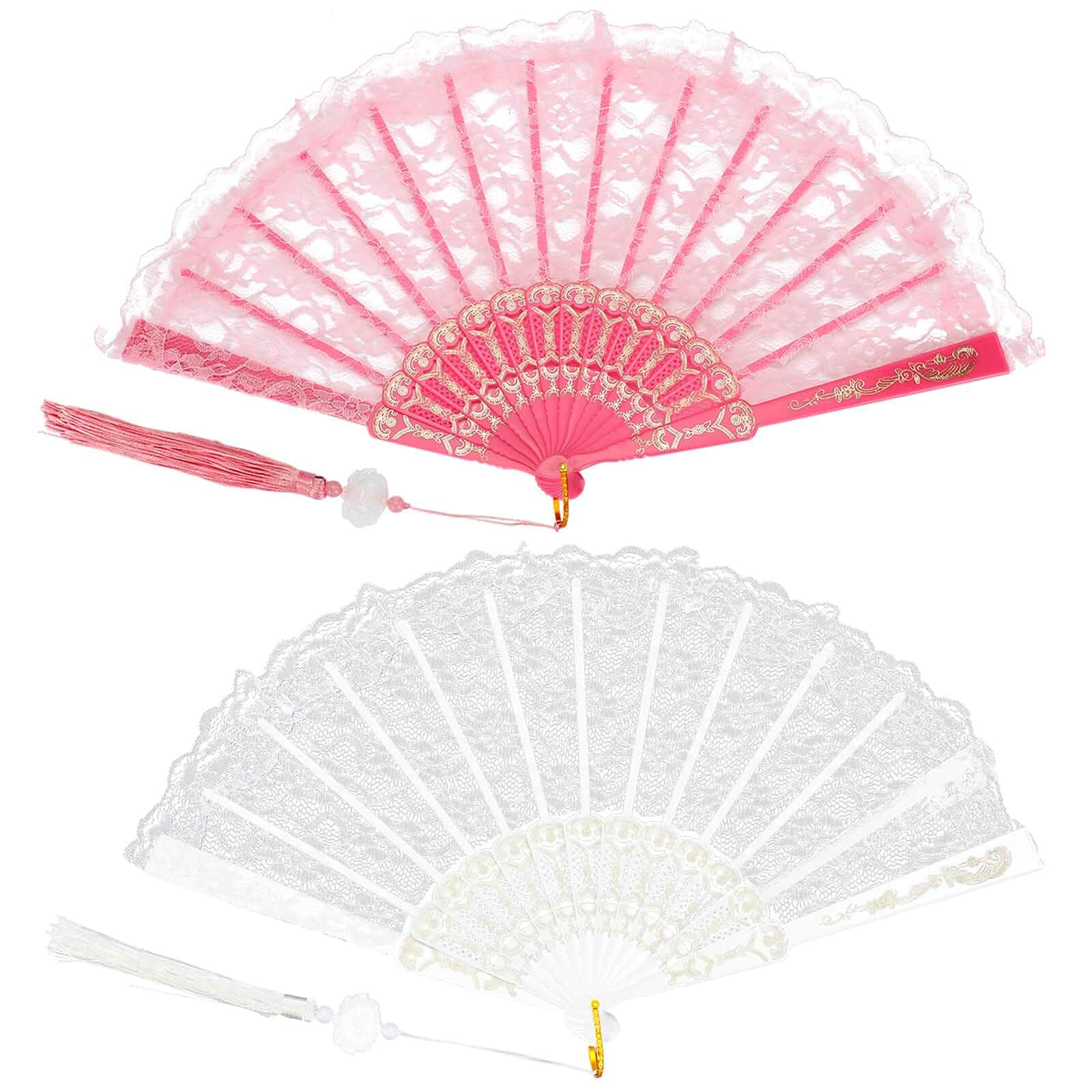 2Pcs Lace Folding Fans Handheld Hand Fans with White Lotus Jade Tassel for Women Wedding Party Favor Costume Dancing Party - (White, Pink)