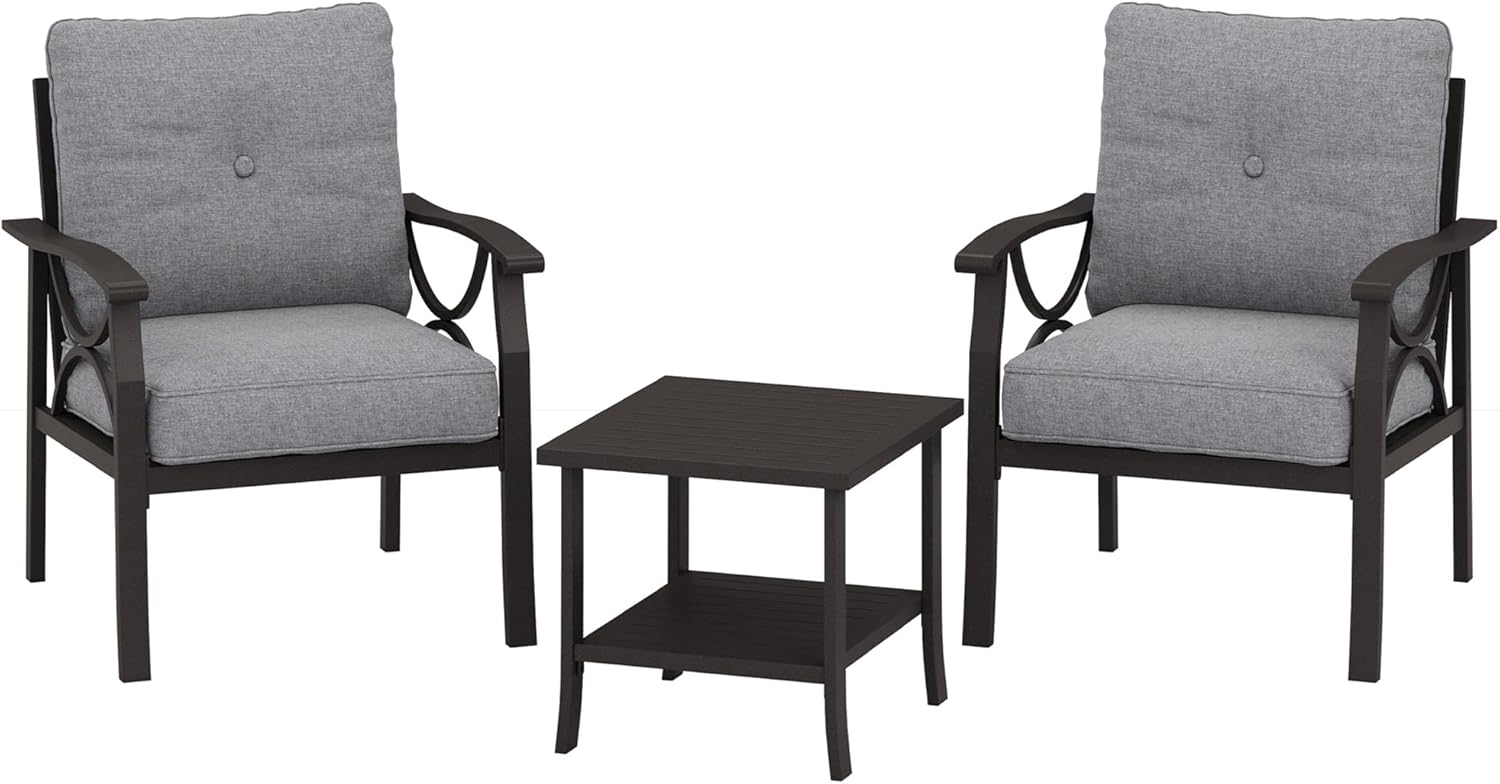 RoyalCraft Outdoor Patio Furniture Set, 3 Piece Patio Conversation Set, Metal Furniture Set for Porch Backyard,Khaki Metal Furniture with Gray Cushions