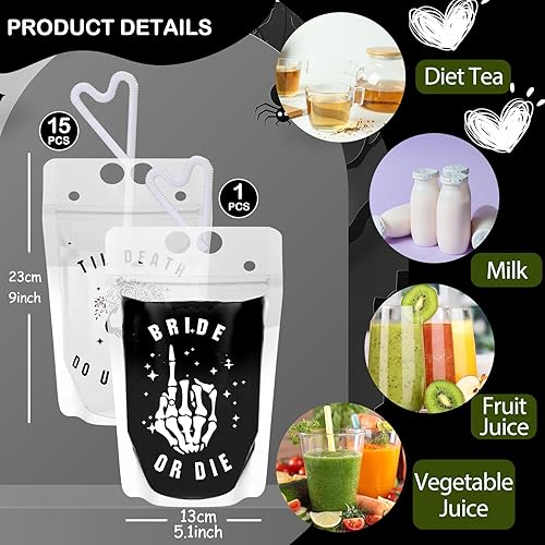 Miniatura 3 de Domensi 16 bolsas de bebidas para despedida de soltera o muerte con pajitas de 15 onzas, bolsas reutilizables para bebidas hasta la muerte Nos