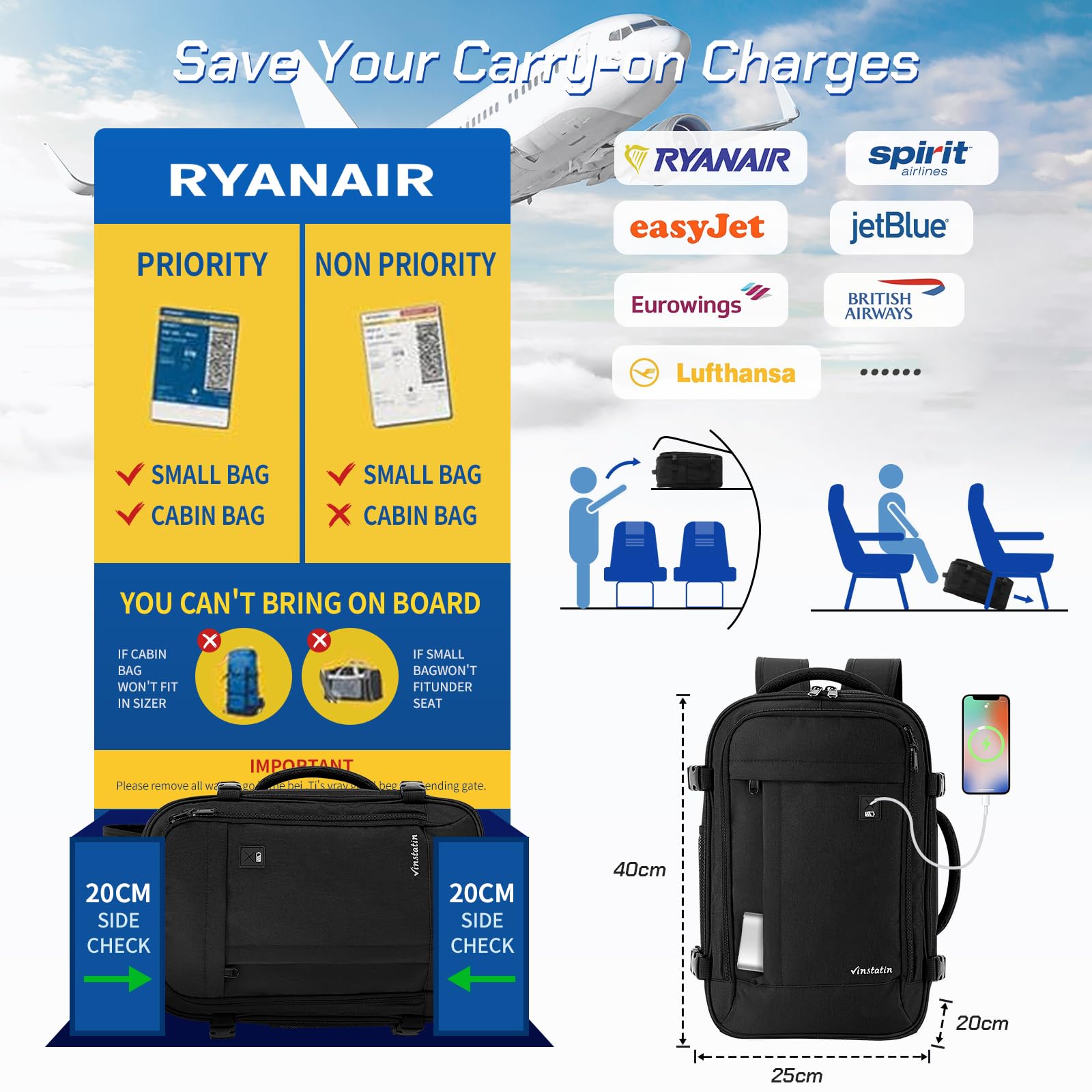 Vinstatin Zaino Ryanair 40x20x25 (20L) Zaino da Viaggio per Donne e Uomini,Zaino Aereo con 4 Sacchetti Organizzatori, bagaglio a mano Borsa Viaggio Cabina Zaino Travel Viaggio Casual