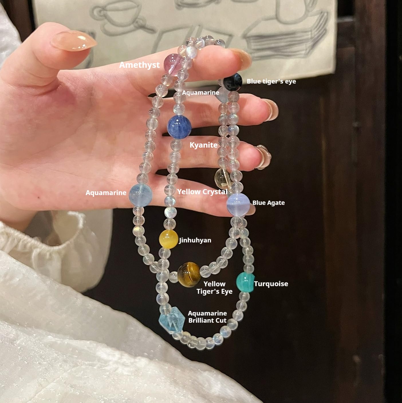 Bracelet Perles Bracelet Triple Rang Multicolore En Pierre De Lune Grise Et Aigue Marine