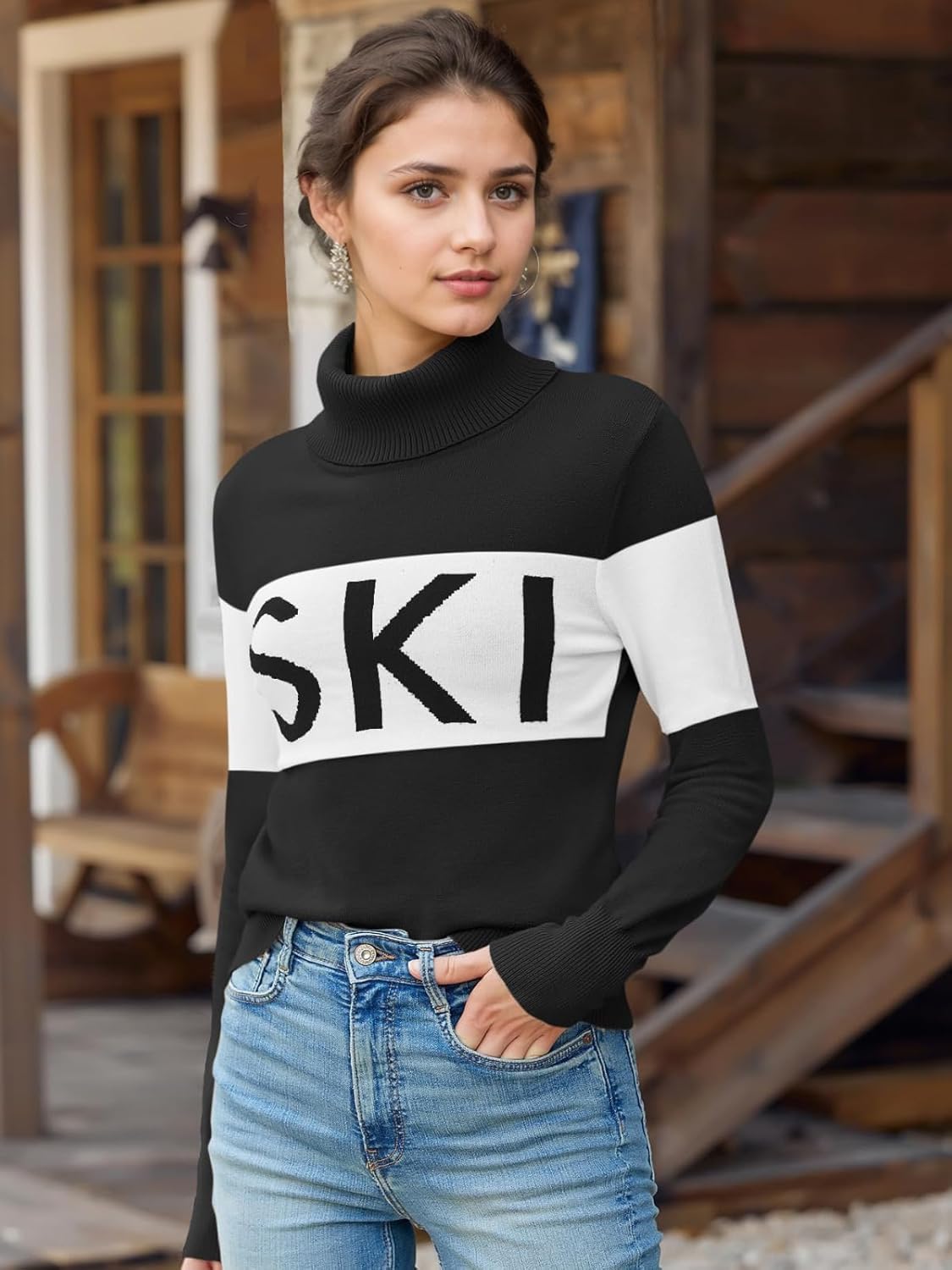 LCXWFE Womens Ski Sweaters Color Block Long Sleeve Turtleneck Pullover Sweater Trendy Knitwear Tops - Image 3