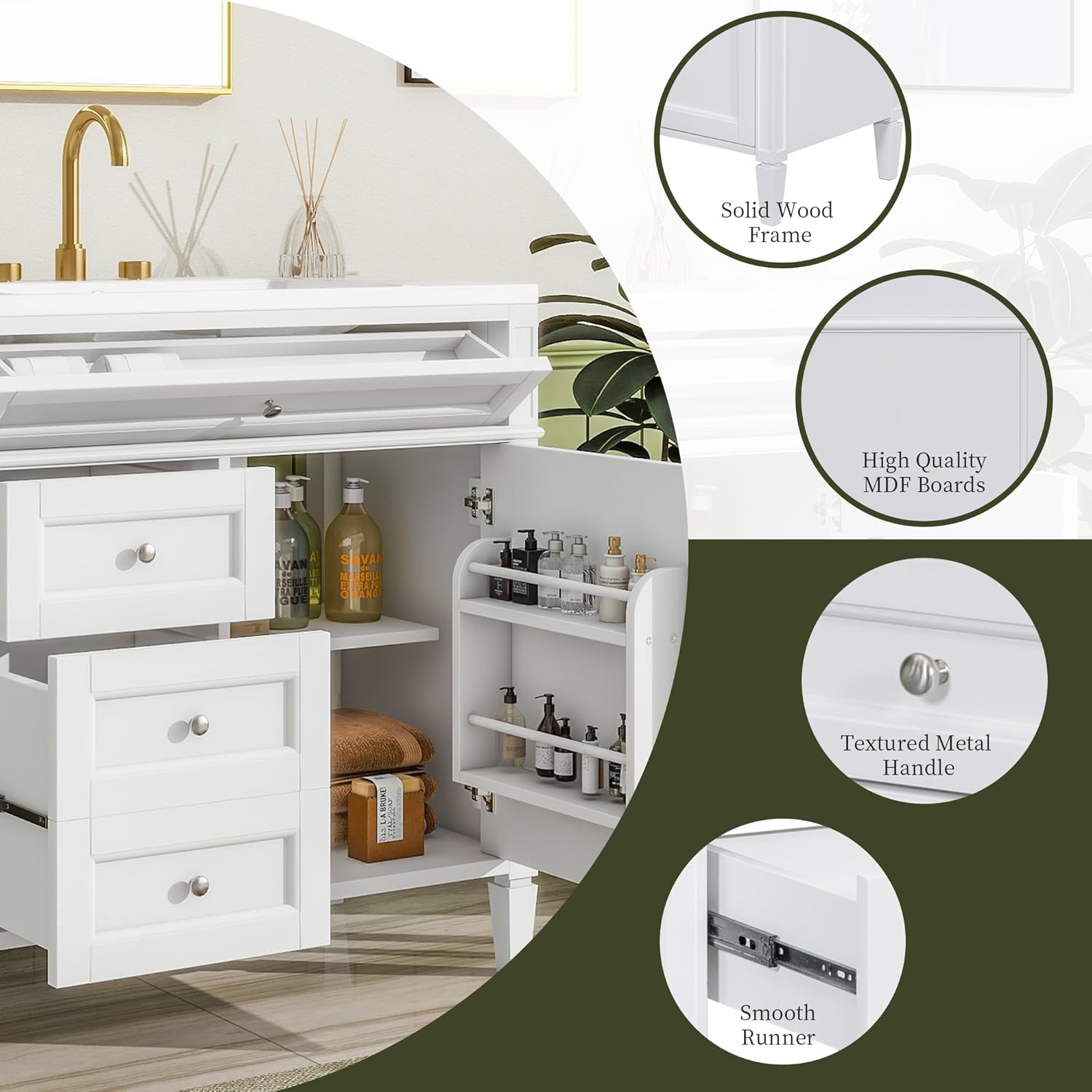 36" Bathroom Vanity with Sink Combo Set, Solid Wood Frame Bathroom Storage Cabinet with 2 Drawers and a Tip-Out Drawer, Soft Closing Cabinet Door with Organizer, White