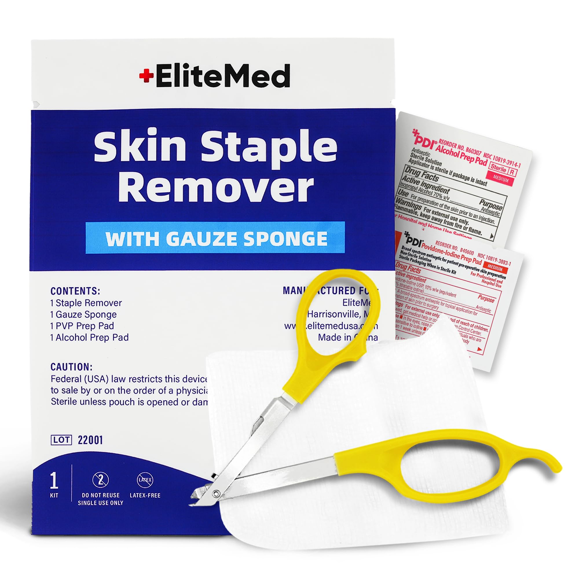 Premium Sterile Staple Removal Kit - Includes Staple Remover, PVP & Alcohol Prep Pads, Gauze Sponge | Single-Use Staple Removal Tool
