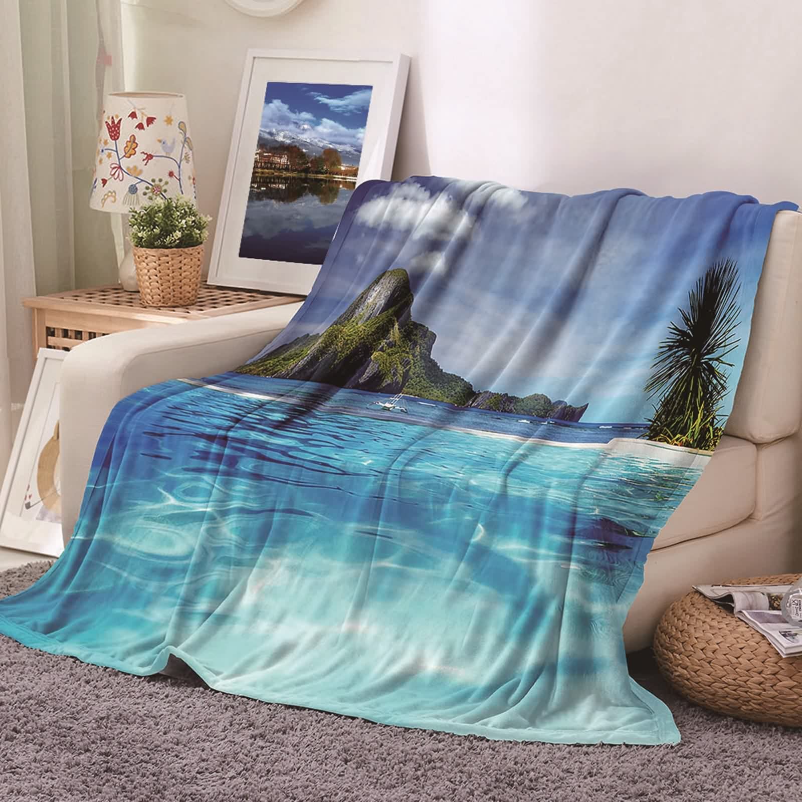 Couverture polaire en flannel 100x150cm KnSam, plaid lit et canapé bleu vert