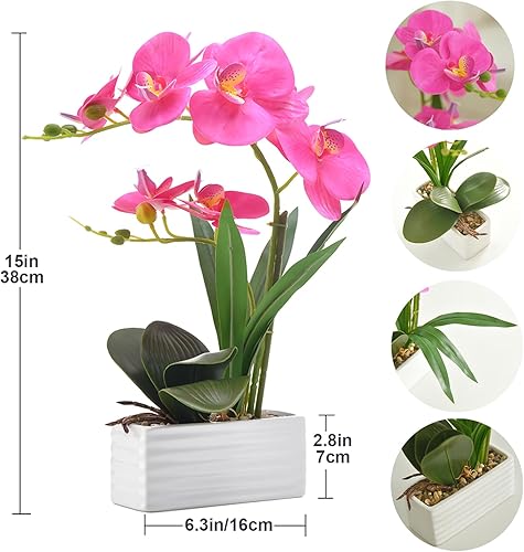 Vista 37 de Flores artificiales de orquídea de tacto real en maceta, flor falsa de Phalaenopsis con jarrón de cerámica blanca, arreglo de orquídeas sintéticas