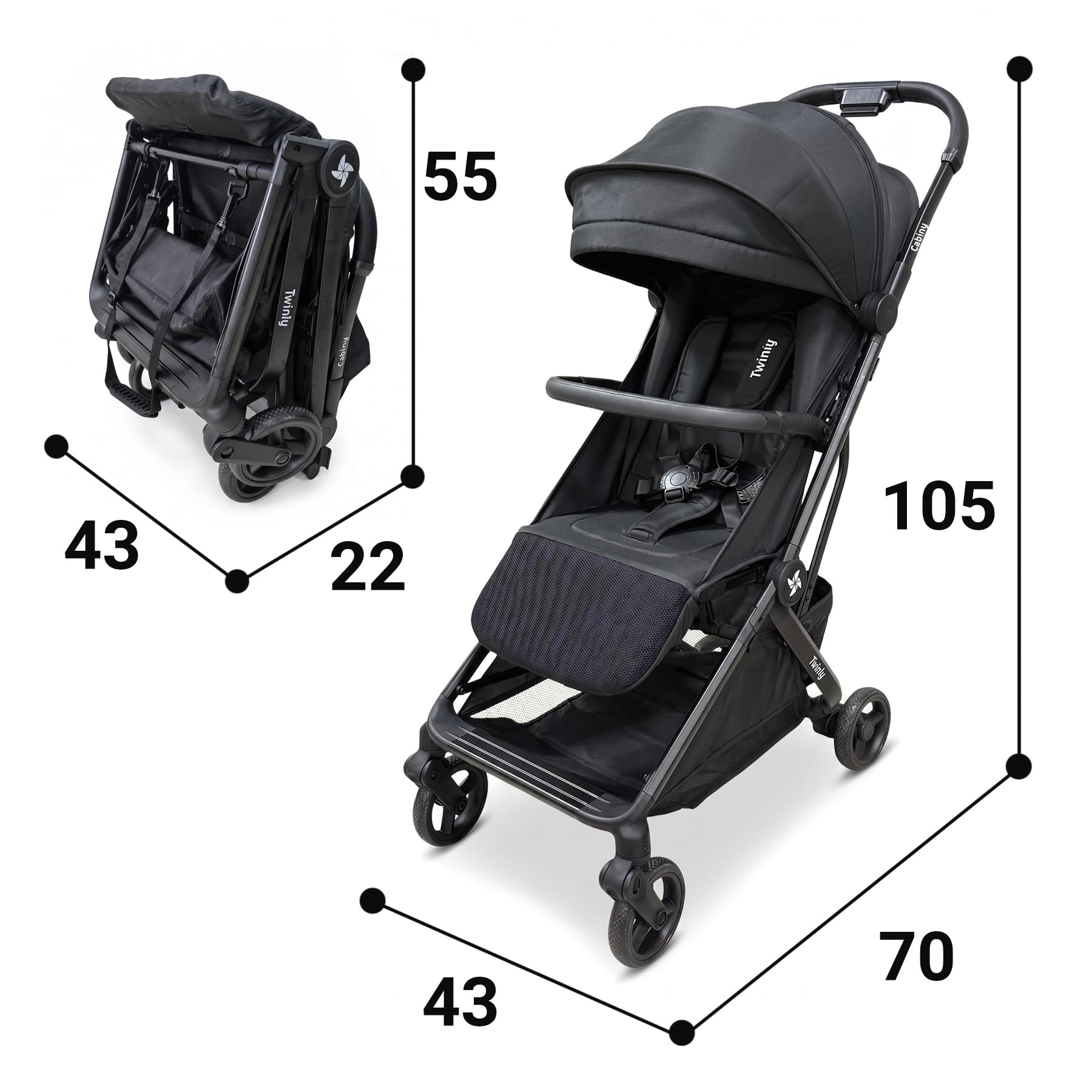 Twinly Cabiny Silla de Paseo Ligera Cabina Avión hasta 22 kg, Negro
