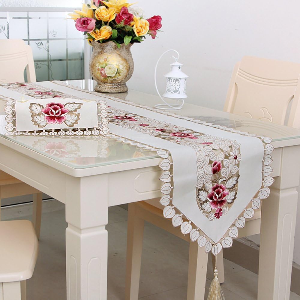 FashionMall Classic Rural Style Table Runners Hollow Out Embroidered Tassel Floral Lace (16*86 Inch)