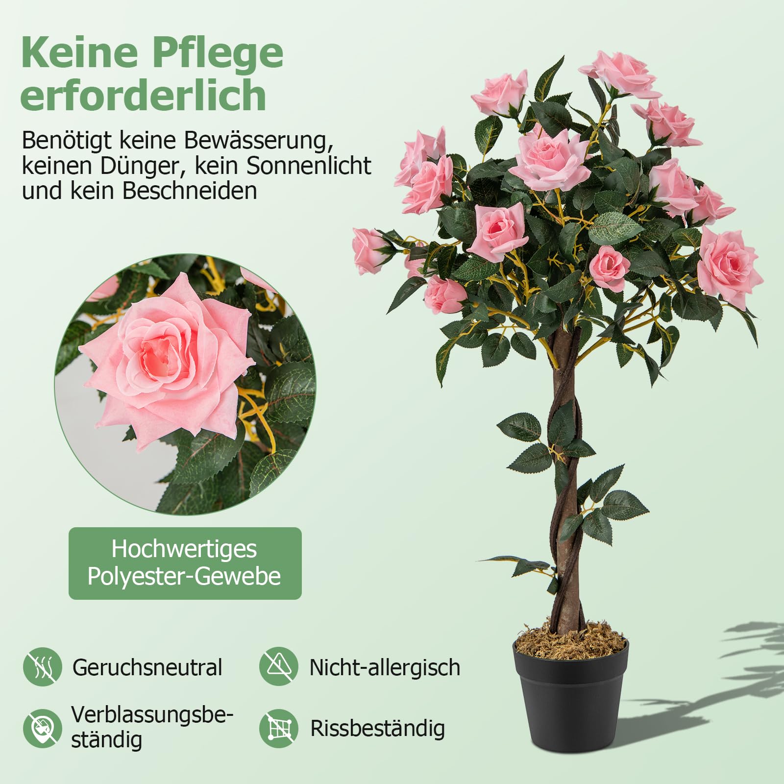 RELAX4LIFE Kunstpflanze, Kunstbaum mit Blüten, Rosenbaum mit 21 Rosa Rosen & 259 Blättern & Echtholzstamm, Künstliche Pflanze im Topf, Dekopflanze 93cm, Zimmerpflanze für Zuhause Büro