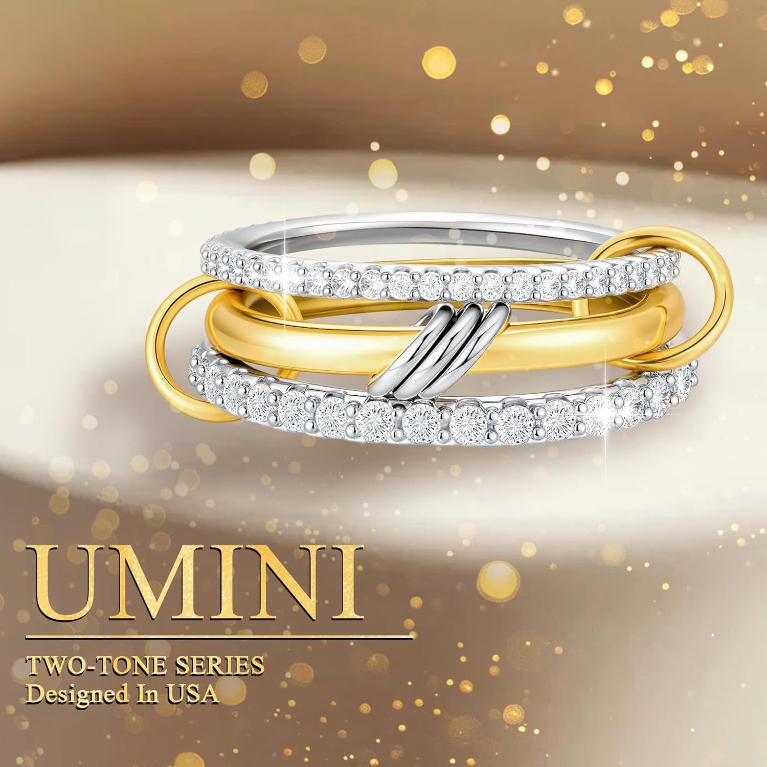 18K Gold plated Stackable Rings For Women Silver And Gold Stackable Ring Set Cubic Zircon Mixed Metal Rings For Engagement Wedding Birthday Valentine's Day Mother's Day Gift - Image 7