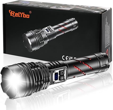 Relybo linternas led alta potencia recargable, 1000000 Lumen linterna led recargable, linterna potente tactica militar flashlight, 2 interruptor linterna led potente Para Emergencia Camping Senderismo