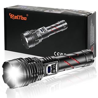 Relybo Taschenlampe LED Aufladbar 1000000 Lumen, LED Taschenlampe Extrem Hell, 2 Schalter Stufenlos Dimmbar, Starke Taktische Taschenlampe USB Aufladbar Flashlight Für Outdoor Camping Wandern Notfälle - Amazon product rated Grade A