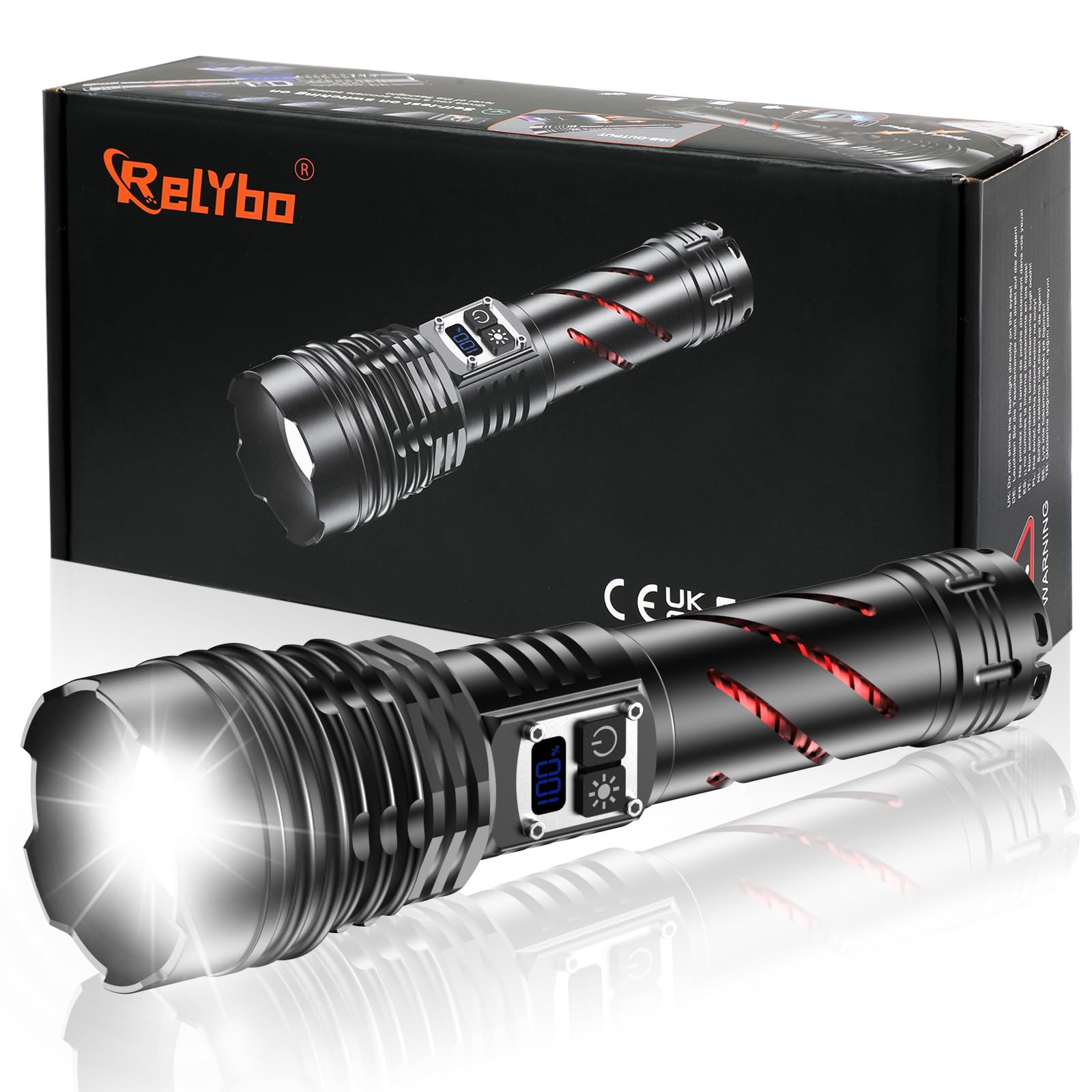 Relybo Taschenlampe LED Aufladbar 1000000 Lumen, LED Taschenlampe Extrem Hell, 2 Schalter Stufenlos Dimmbar, Starke Taktische Taschenlampe USB Aufladbar Flashlight Für Outdoor Camping Wandern Notfälle