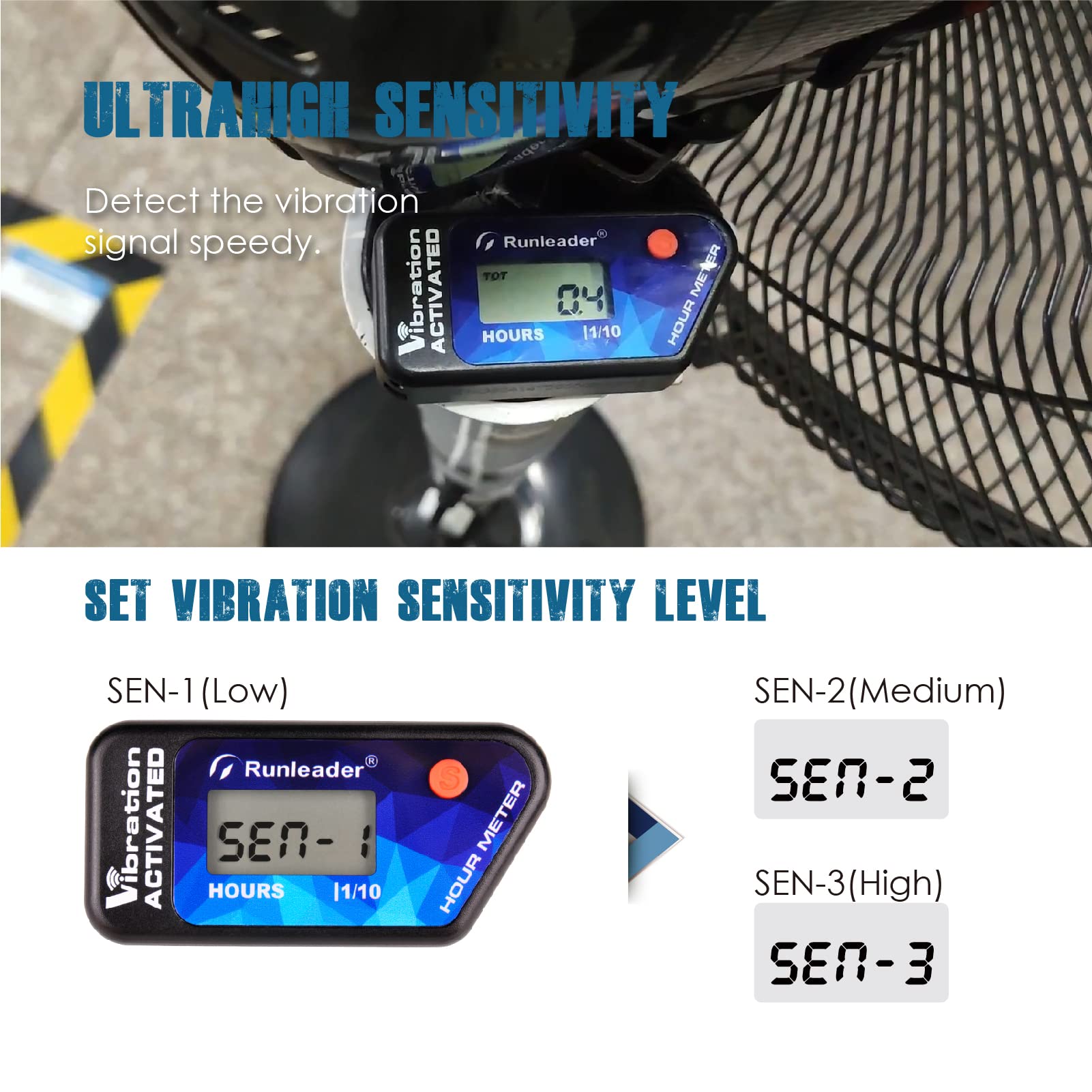 Runleader Indicatore delle ore di vibrazione autoalimentato, promemoria di manutenzione, spegnimento del blocco utente per motore a gas/diesel, funziona su trattore da giardino