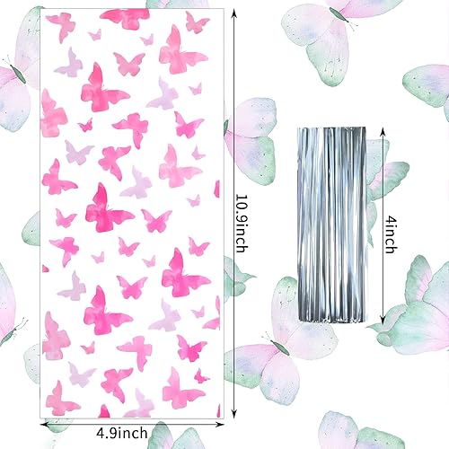 Miniatura 6 de Paquete de 100 bolsas de celofán de mariposa, bolsas de celofán rosa, bolsa de golosinas de mariposa, bolsas de dulces para baby shower, suministros