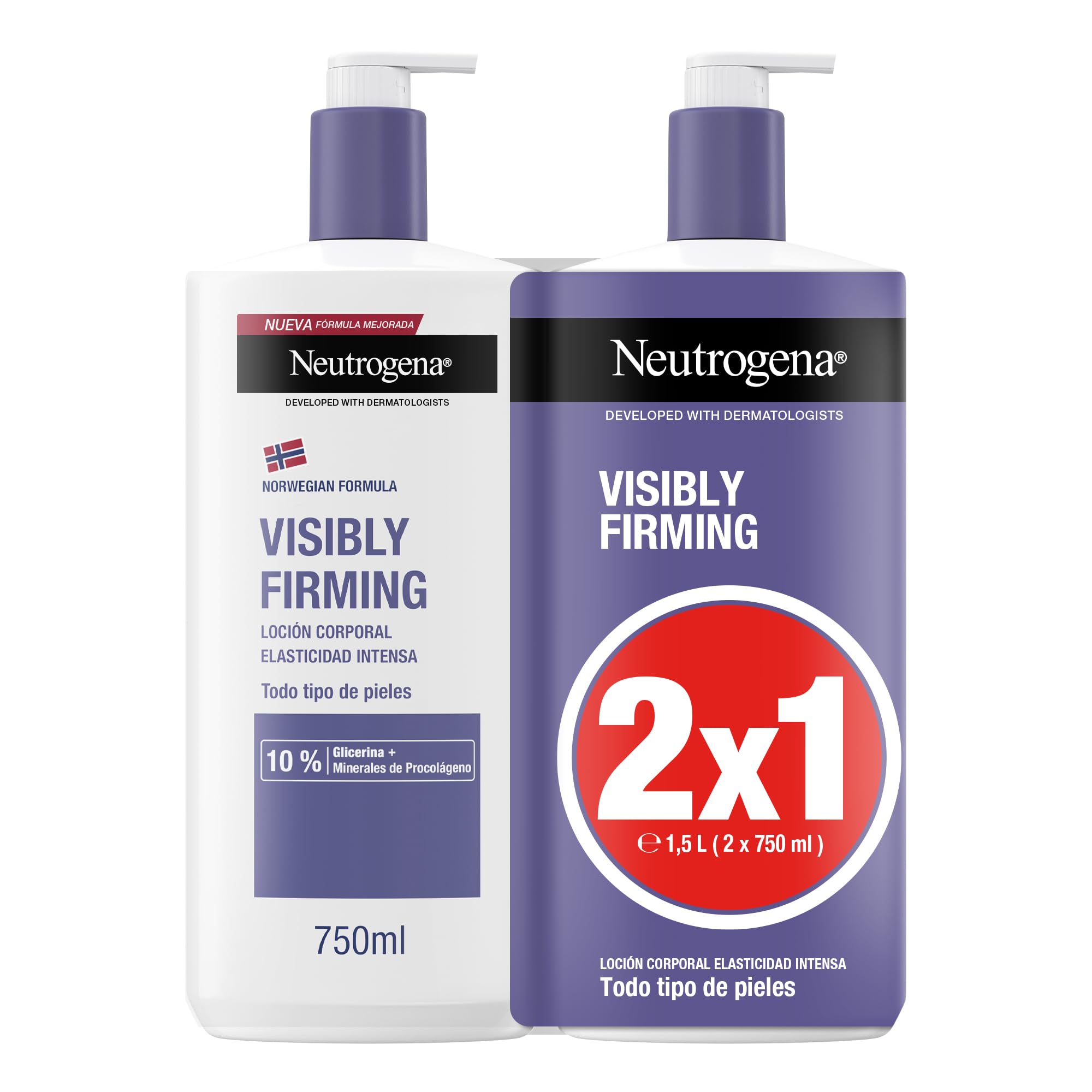 Neutrogena Fórmula Noruega Loción Visiblemente Reafirmante (Pack de 2 X 750 ml), loción hidratante corporal para todo tipo de piel, loción corporal con Glicerina y Minerales de Procolágeno