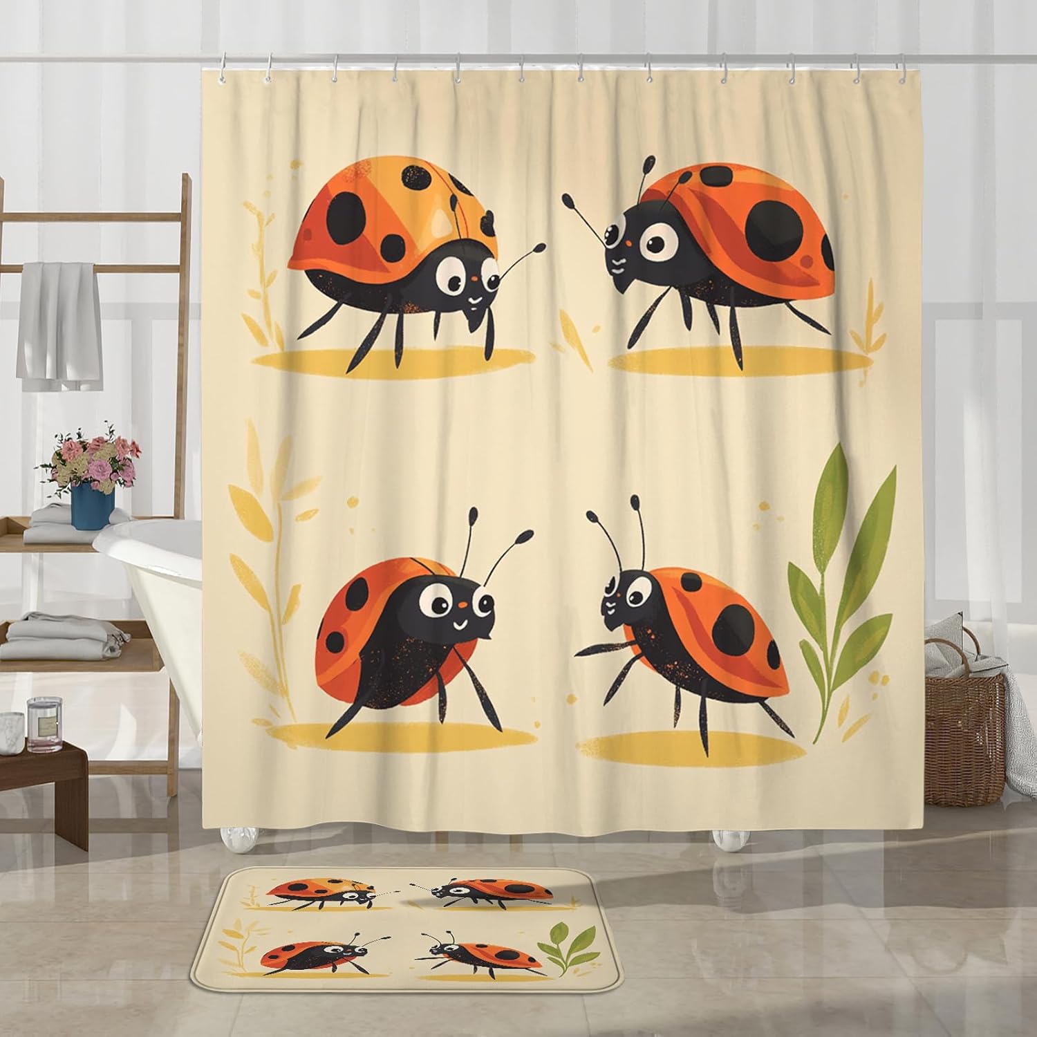 4PCS Cartoon Kids Ladybug Bathroom Accessory Sets with Non-Slip Rug, U Shape and Toilet Lid Cover Mat, Cute Fun Insect Bathroom Fabric Decor-72''x72''
