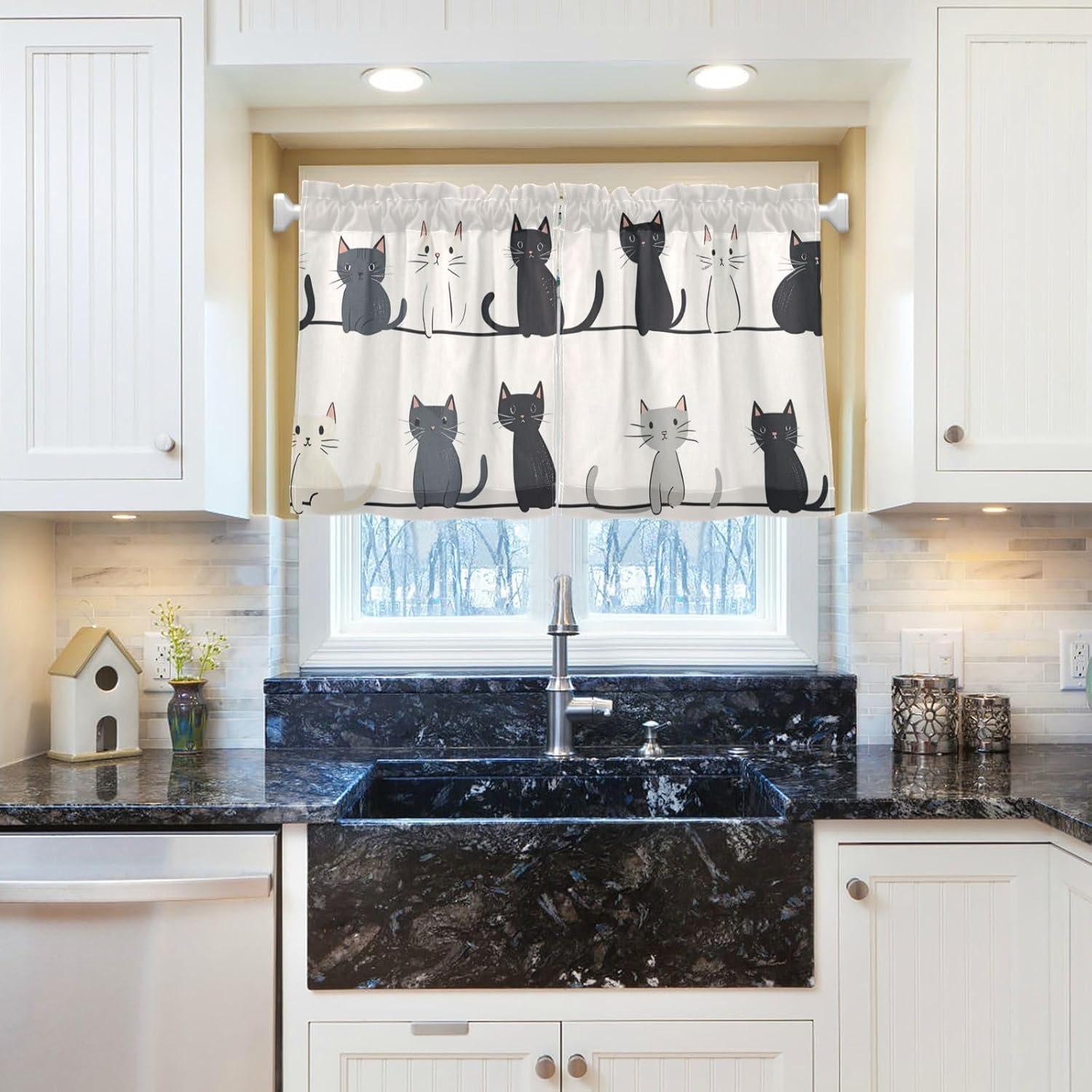 Cafe Curtain Half Window Curtain Tier Curtains for Bathroom Kitchen Bedroom Living Room Set of 2 Panels 27x24in Cute Cats on Line
