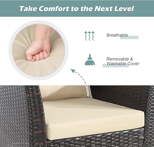 Miniatura 7 de Tangkula Patiojoy Juego de muebles de patio de 3 piezas, juego de bistró de mimbre de polietileno para exteriores con cojines suaves y madera de