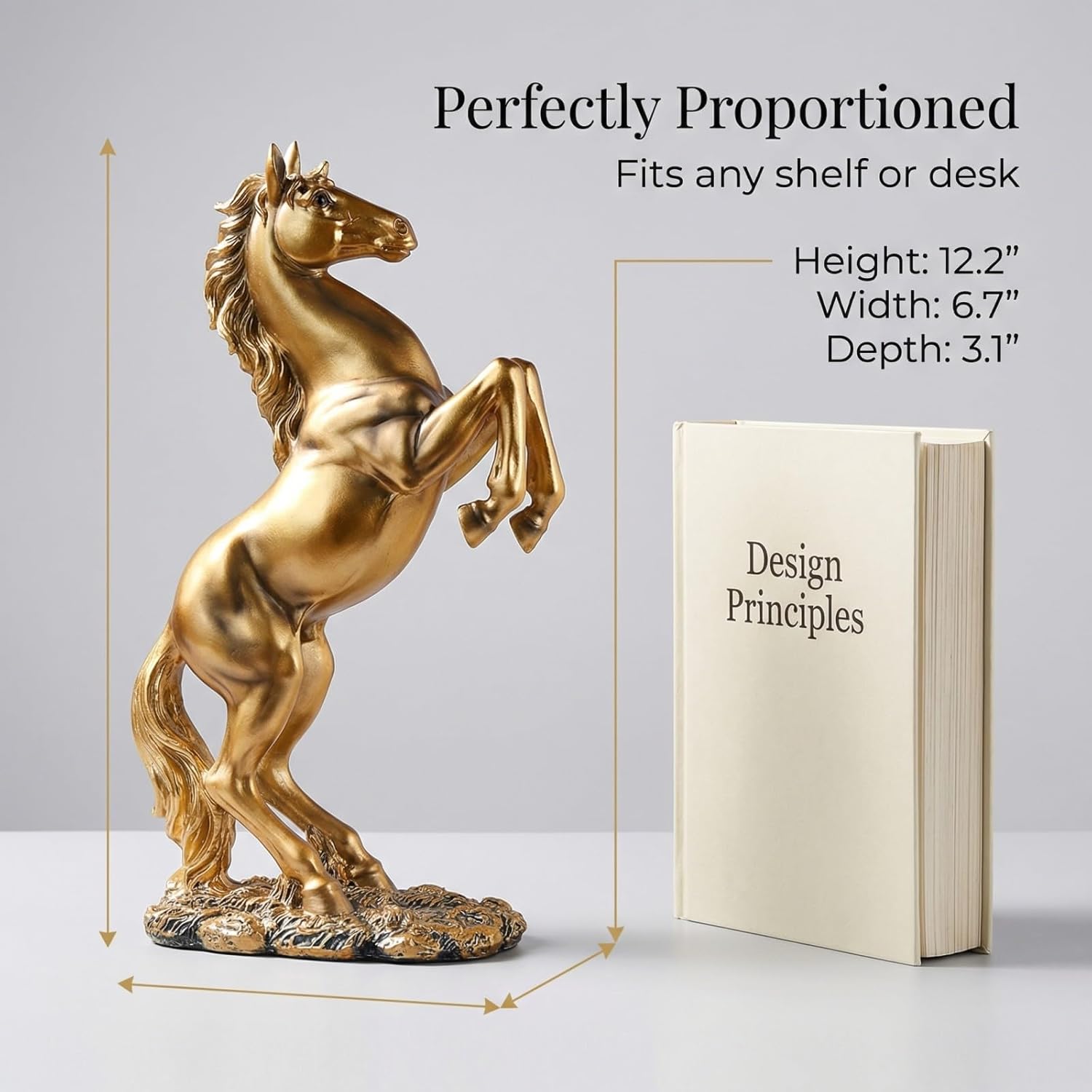 Golden Rearing Horse Statue for Home Decor - 12.2" Antique Gold Resin Stallion Sculpture - Lucky Feng Shui Figurine for Office Desk, Bookshelf & Business Gifts (Symbol of Success)