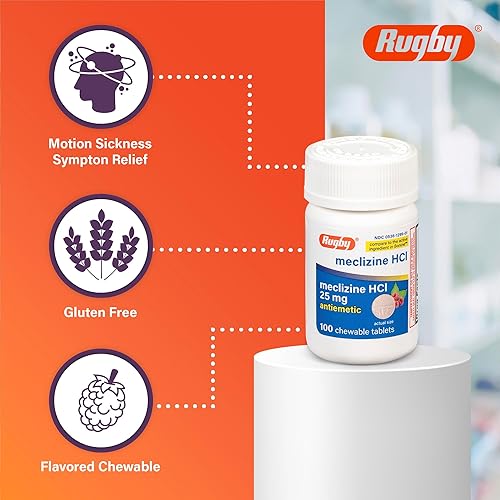Miniatura 5 de Rugby Meclizine - Tabletas masticables de 25 mg  La medicina antináuseas ayuda con el mareo por movimiento, 100 unidades (paquete de 6)