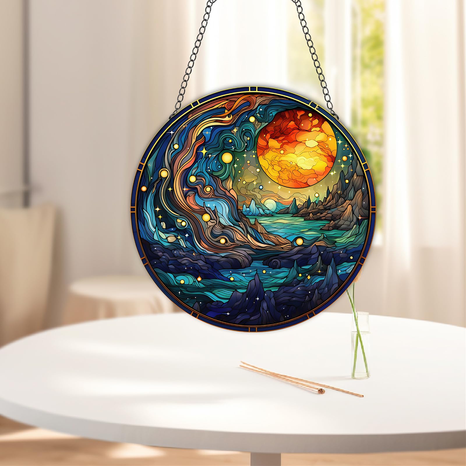 JUNWALL Cosmic Stars Acrylic Window Hanging, Colourful Medieval Style Stained Acrylic Window Decor Hanging Ornaments Indoor Outdoor Garden Stained Art Panel Gift for Women Christmas Thanksgiving