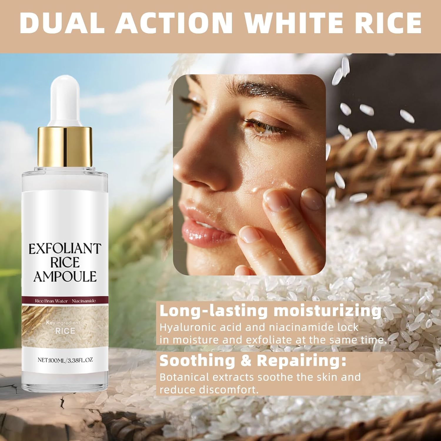 Rice Ampoule Exfoliant Peel Shot Glow White Rice Peeling Ampoule Gentle Exfoliating Face and Body Scrub Dead Skin Cell Remover Hydration Exfoliating Serum for All Skin Types 100ML/3.38Fl oz - Image 4
