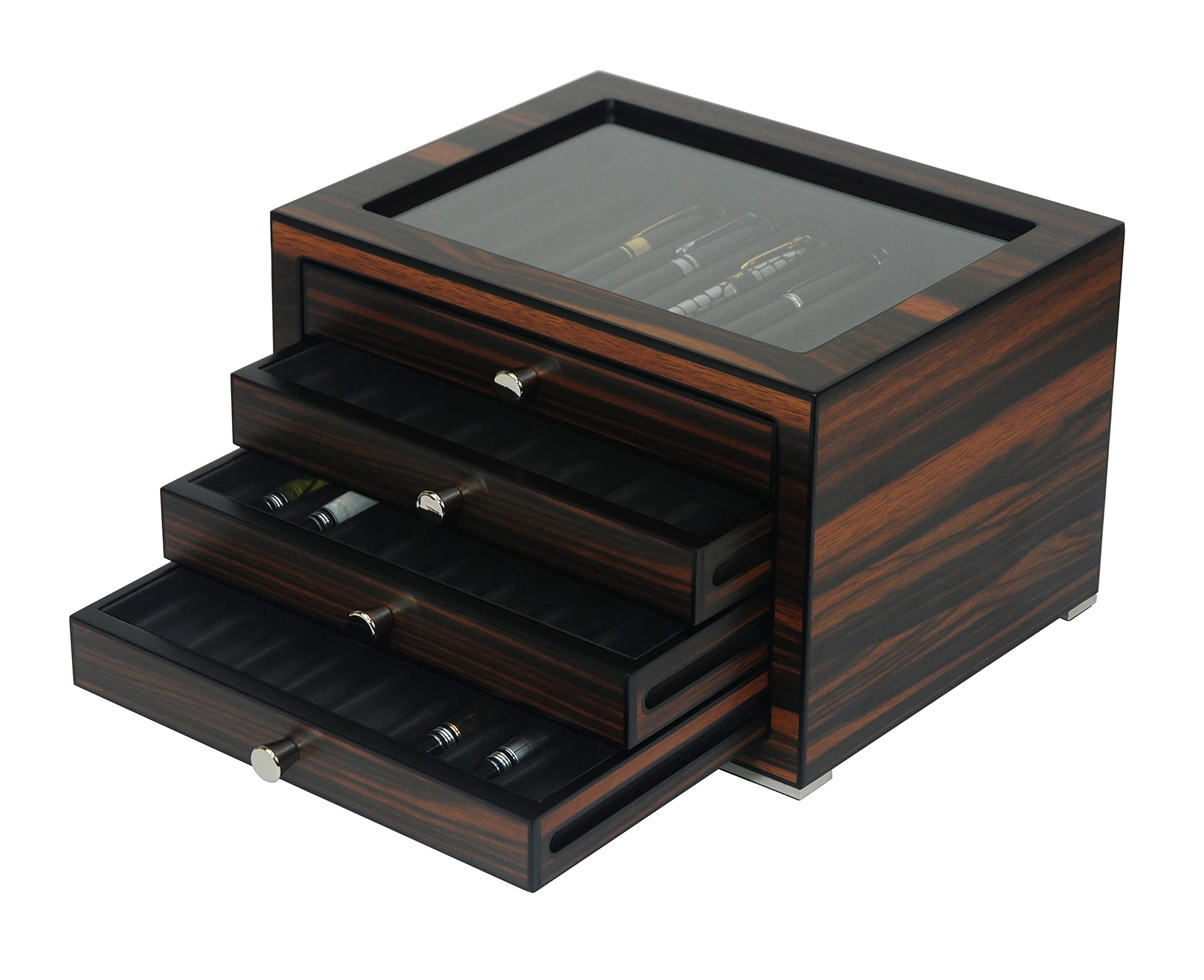 Lifomenz Co Stackable Wooden Display Case with Drawer – Slot Ebony Pen Cabinet, Luxury Fountain Pen Storage Box with Glass Window for Collection (2)