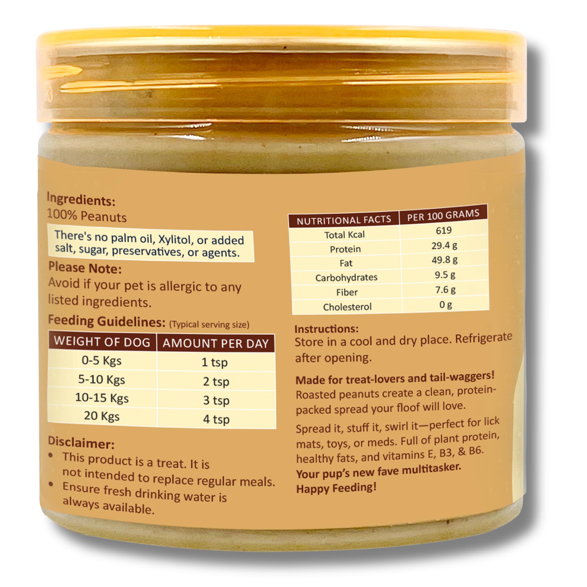 Paws for Greens Dog Peanut Butter 100% Natural & Healthy Treat & Food Topper with 100% Peanuts No Xylitol, No Preservatives Safe for Dogs & Puppies Made in India - 450g (Pack of 1)