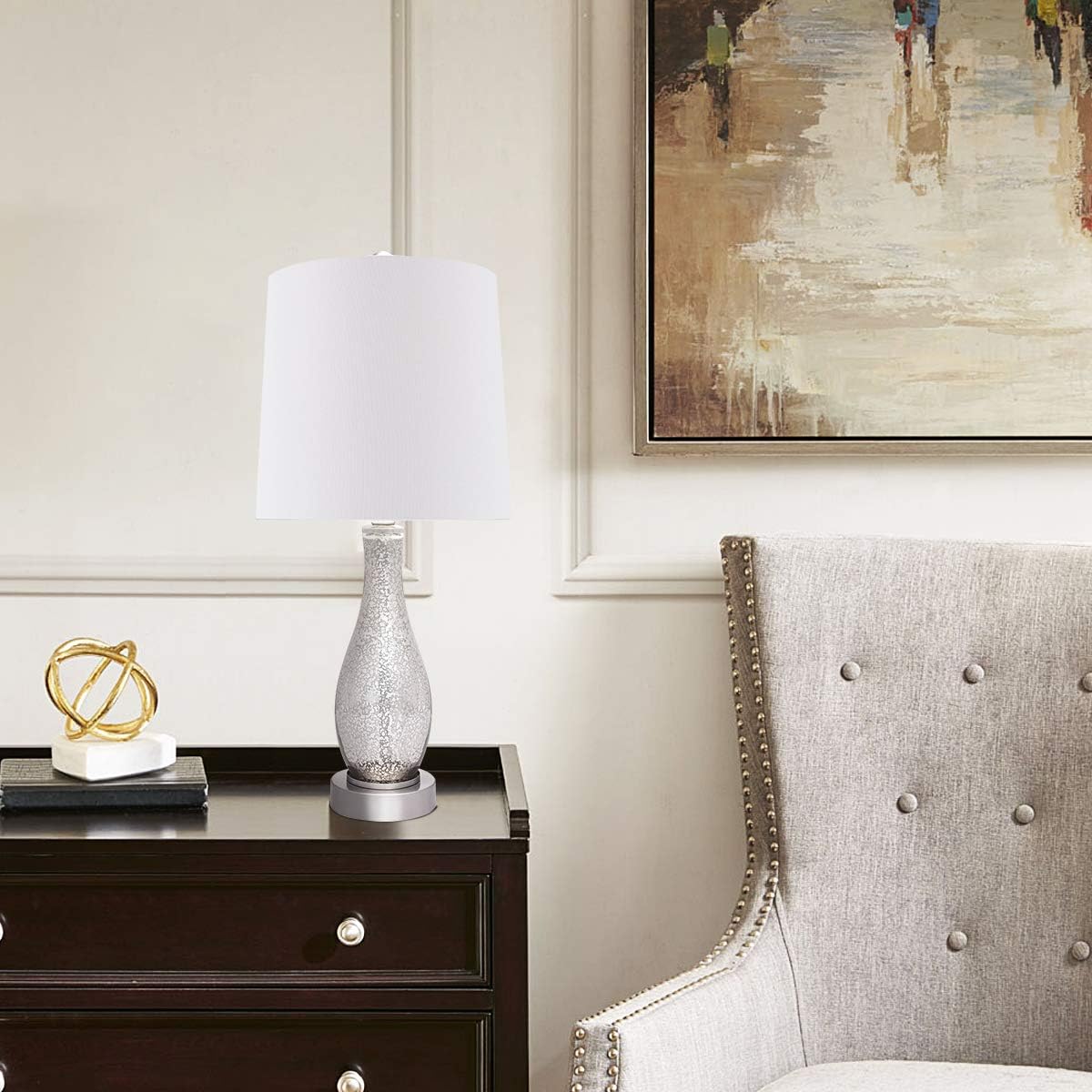 Top Brands Oneach Table Lamps Set of 2 for Living Room 20 Modern Nightstand Lamp with Fabric Shade Glass Bedside Desk Lamp for Bedroom Kid's Room Girls Room Office Glass Silver