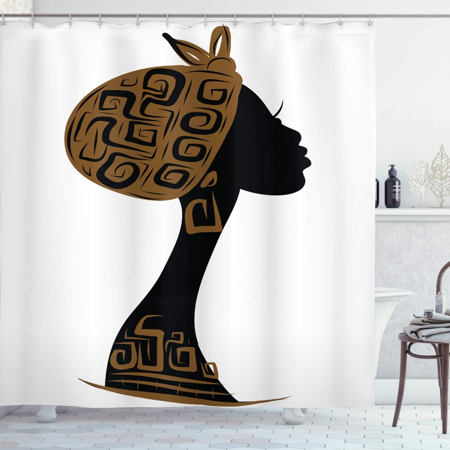 Ambesonne African Shower Curtain, Face Profile Silhouette Woman Headscarf Art Folk Elements, Cloth Fabric Bathroom Decor Set with Hooks, 69" W x 84" L, Brown Black White
