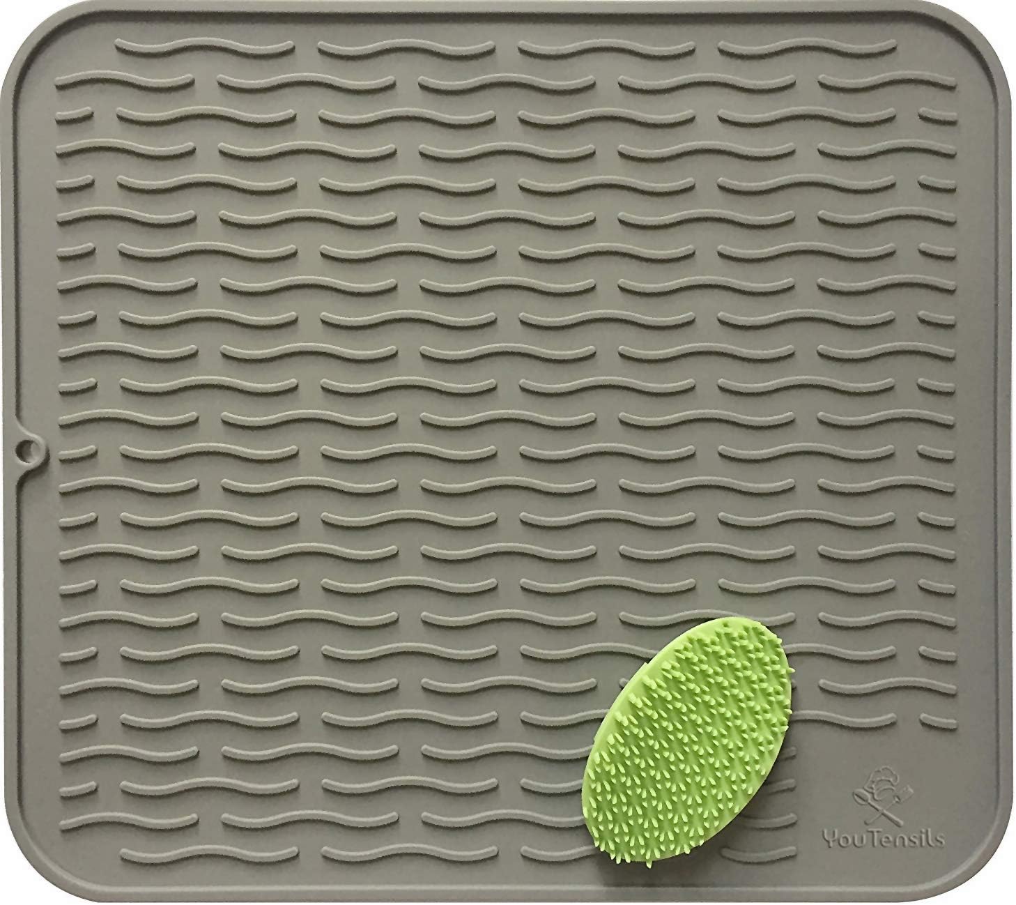 Silicone Dish Drying Mat & Scrubber XL 17.8" x 15.8" | Grey Kitchen Dish Drainer Mats & Trivet | Food Safe Fast Draining Pad for Dishes (Gray, XL)