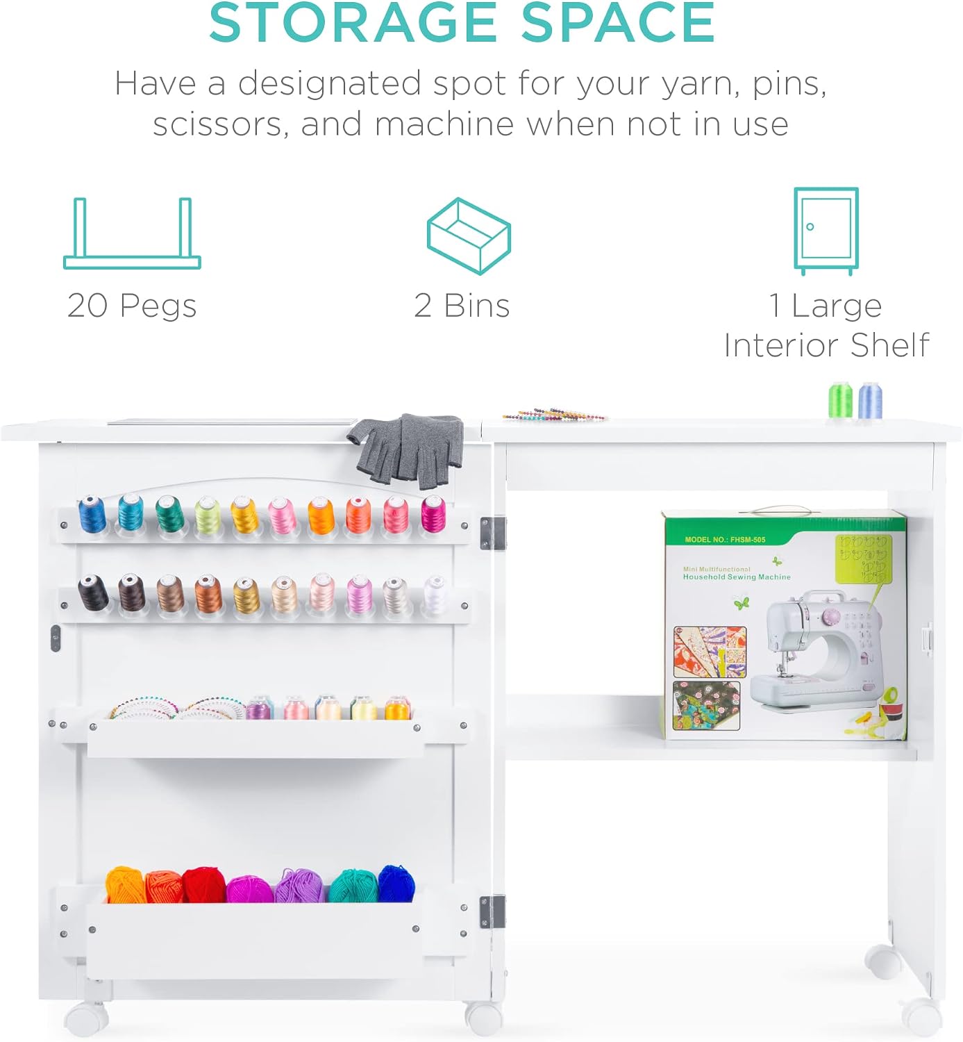 Best Choice Products Folding Sewing Table Multipurpose Craft Station & Side Desk with Compact Design, Wheels, Shelves, Bins, Pegs, Magnetic Doors, Metal Doorknobs - White